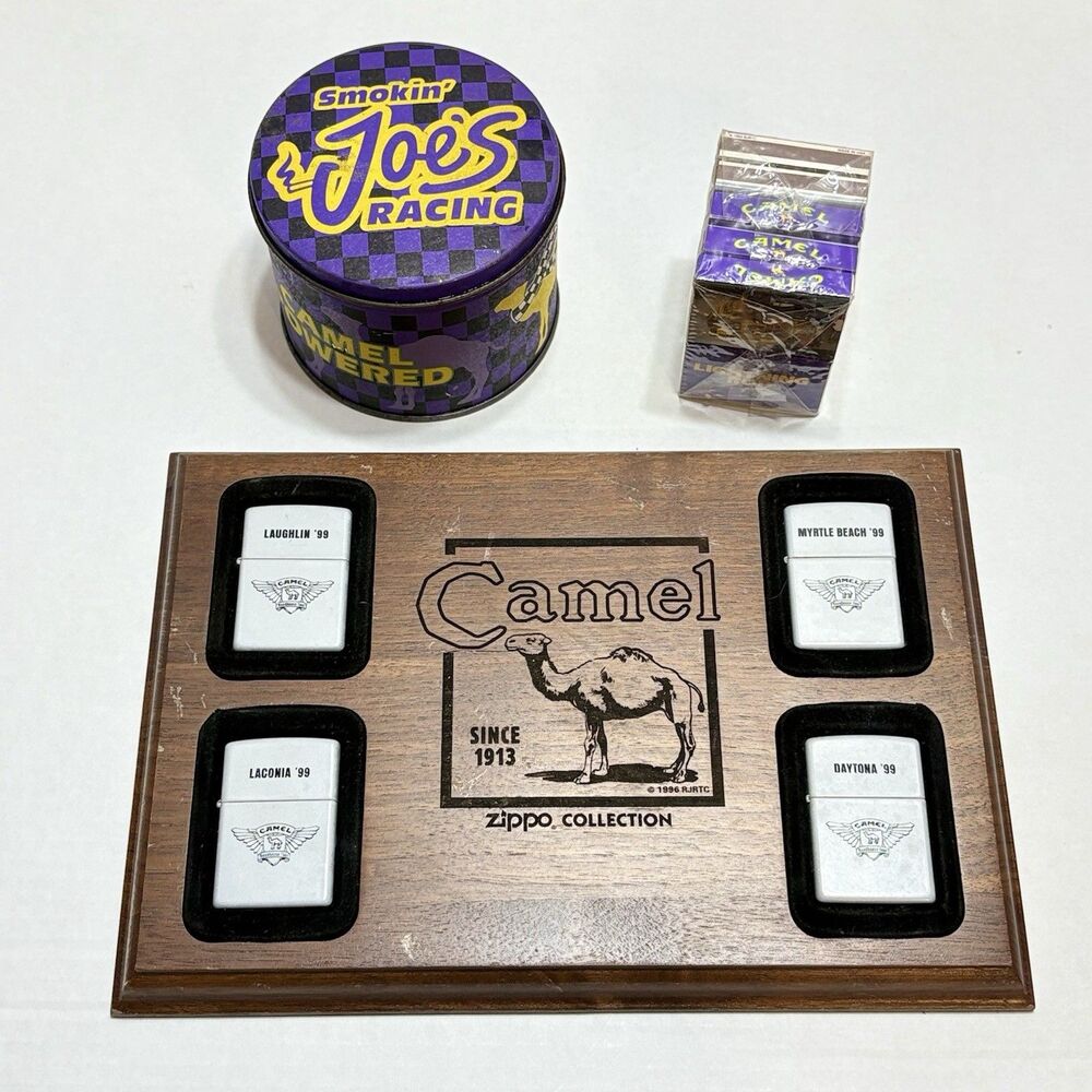 Vtg Camel Zippo Display Lot 4 Unfired 1999 Lighters Smokin Joe Tin Sealed Matche